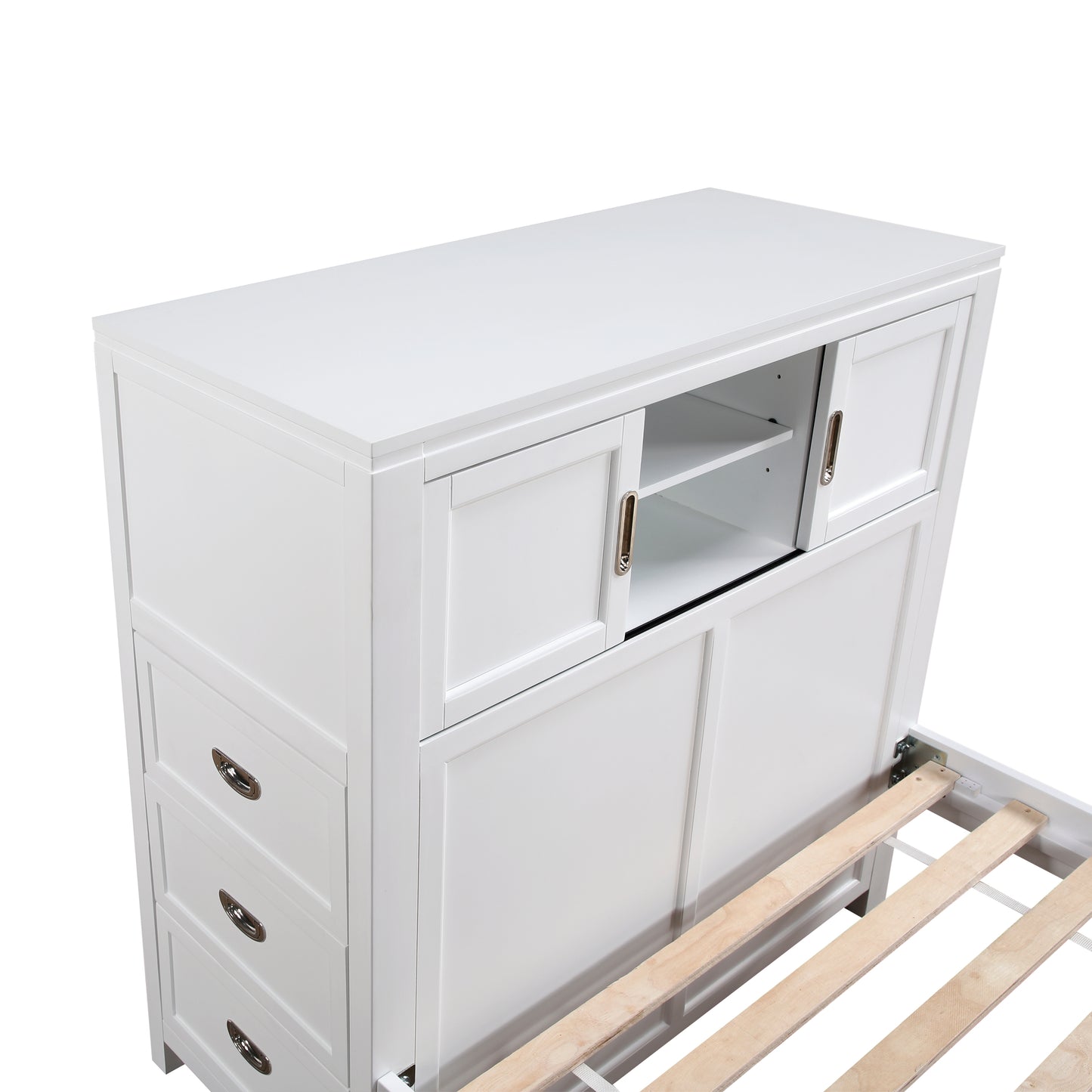 White Twin Bookcase Platform Bed with Hidden Desk, Storage Bench & Drawers