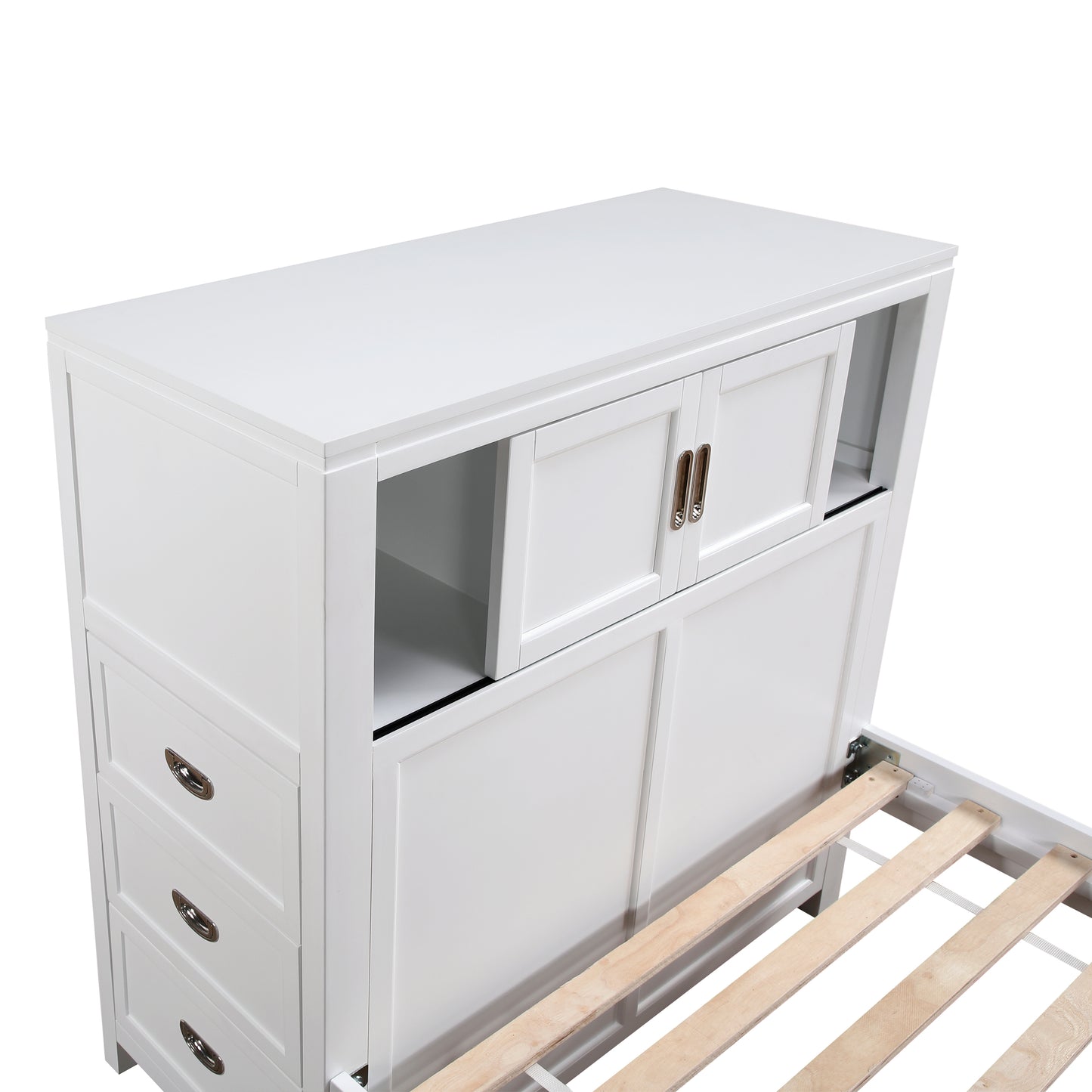 White Twin Bookcase Platform Bed with Hidden Desk, Storage Bench & Drawers