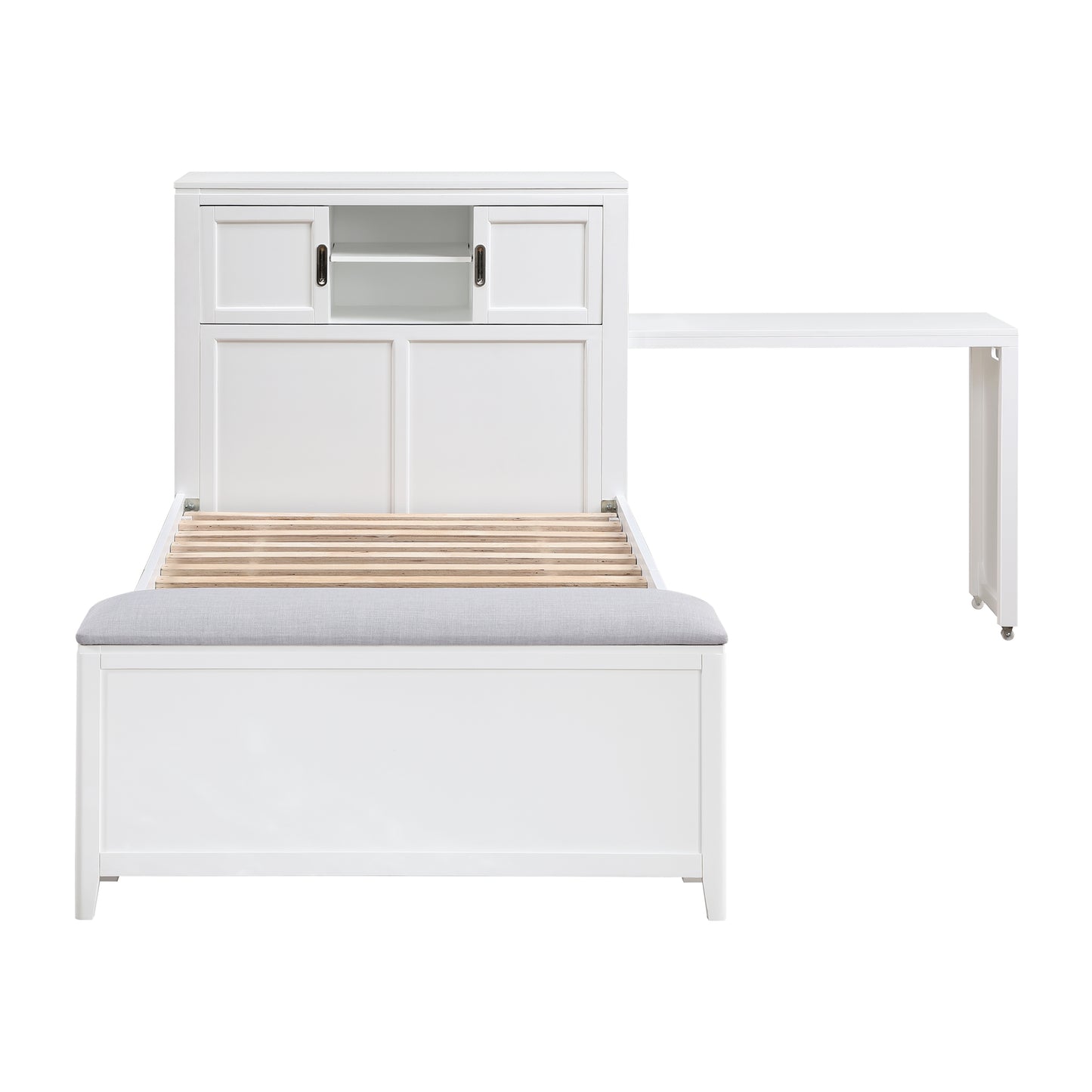 White Twin Bookcase Platform Bed with Hidden Desk, Storage Bench & Drawers