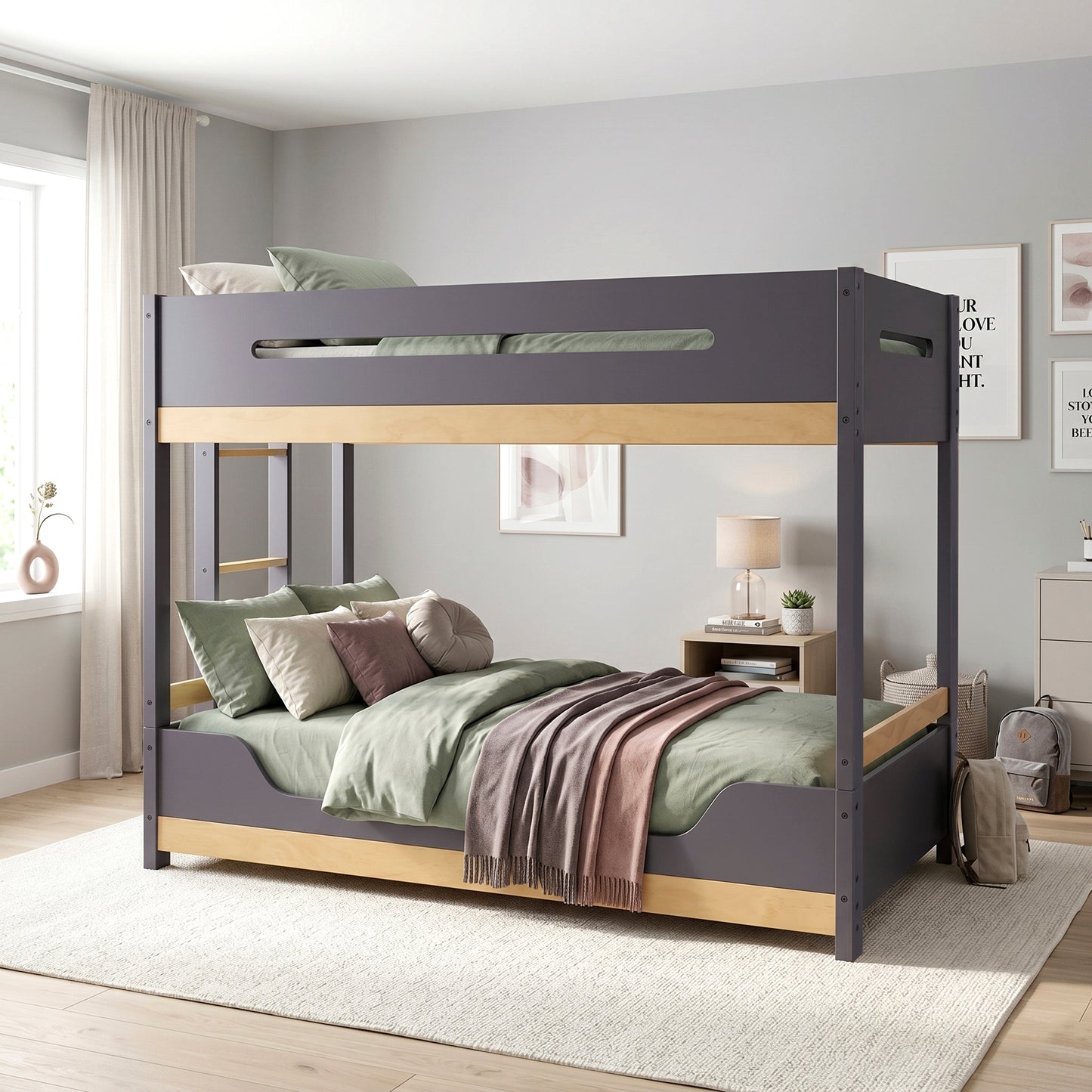 Plum & Natural Finish Twin Over Twin Wood Bunk Bed