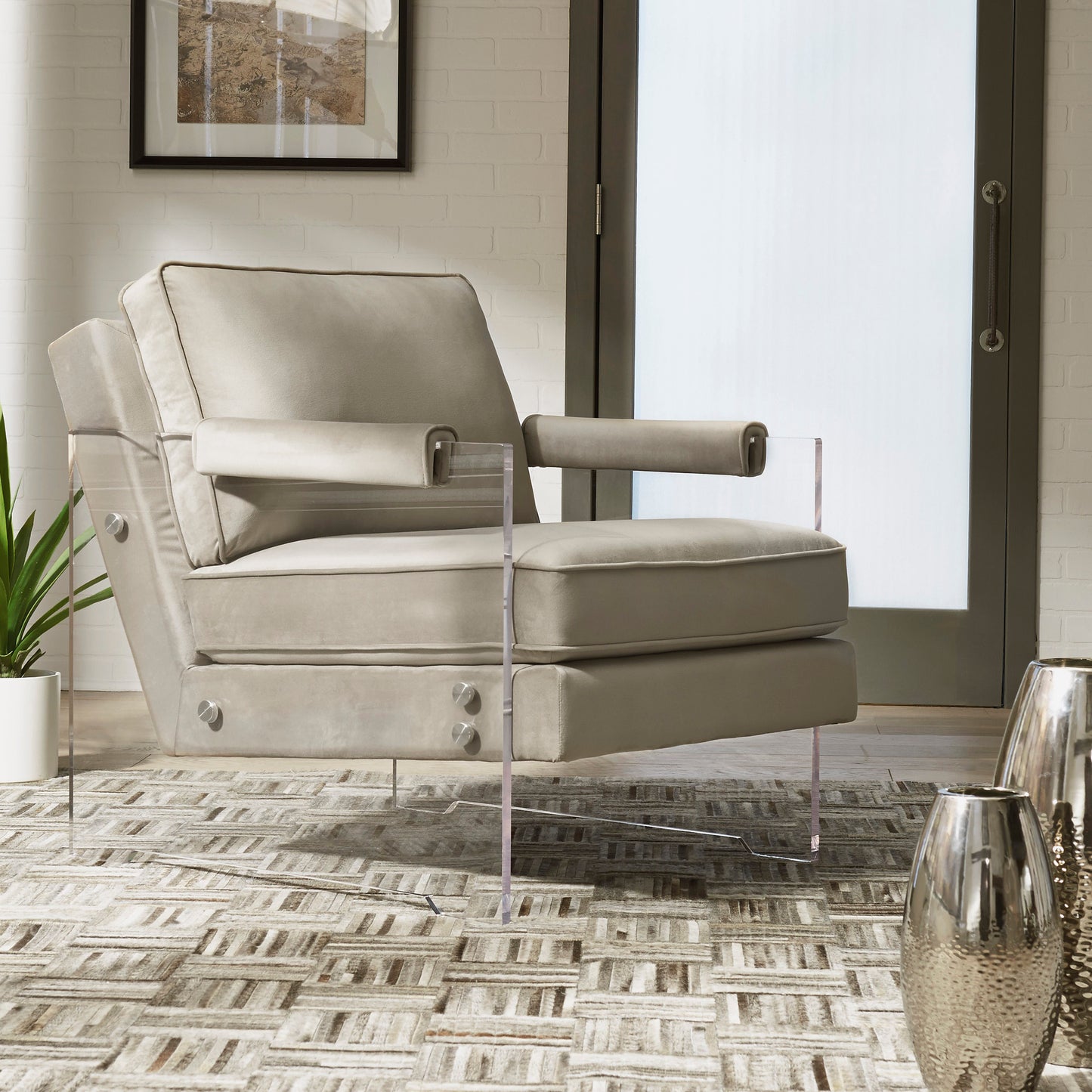 Acrylic & Taupe Micro Velvet Accent Chair
