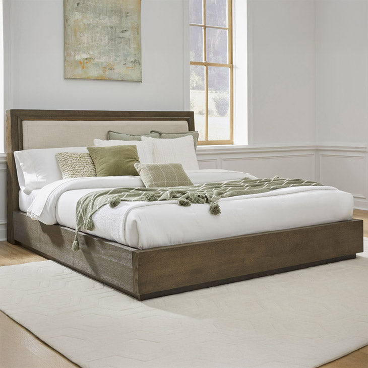 Linen Upholstered Solid Oak Queen size Bedframe