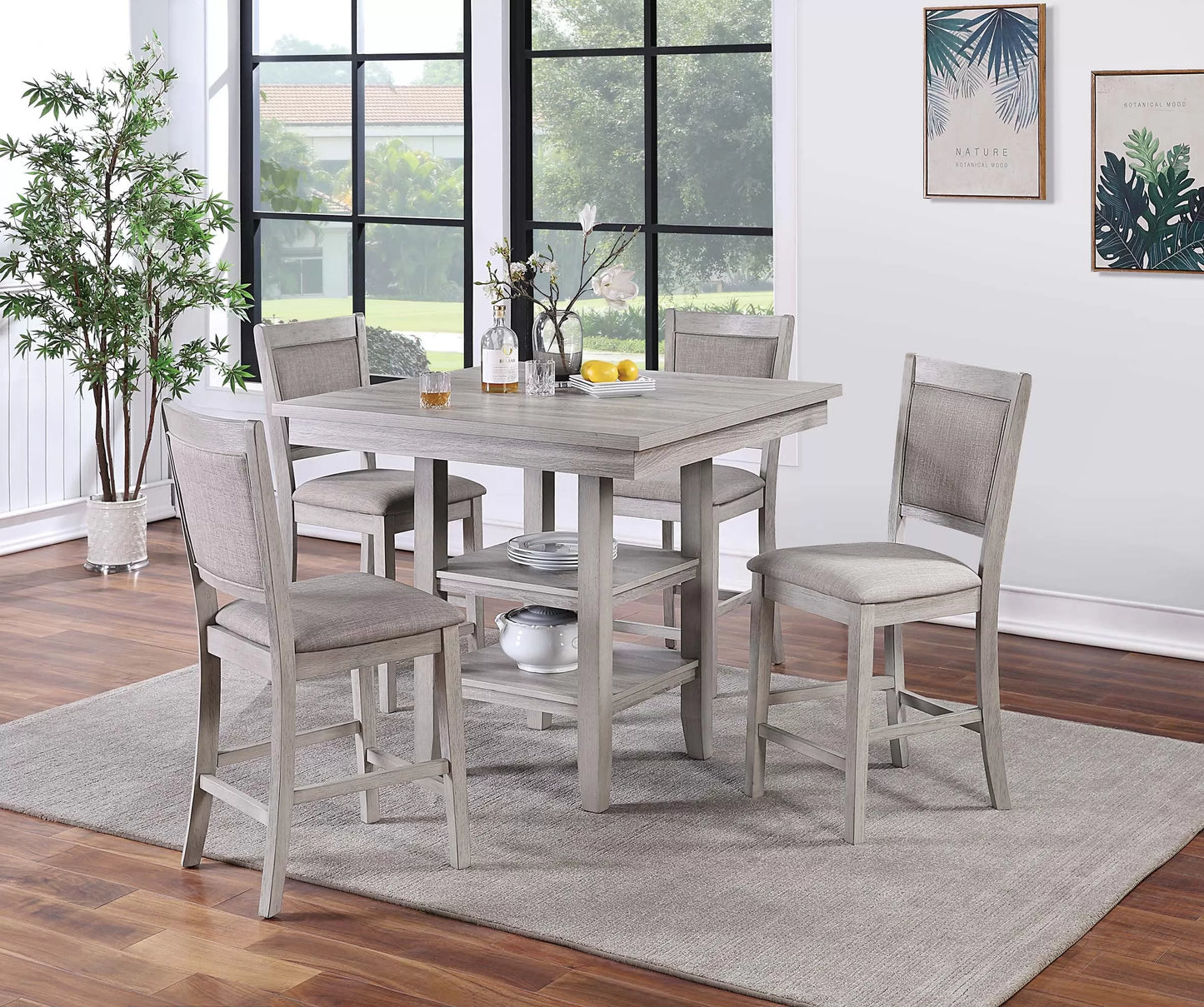 Square 5-Piece Counter Height Dining Set with Storage Shelf