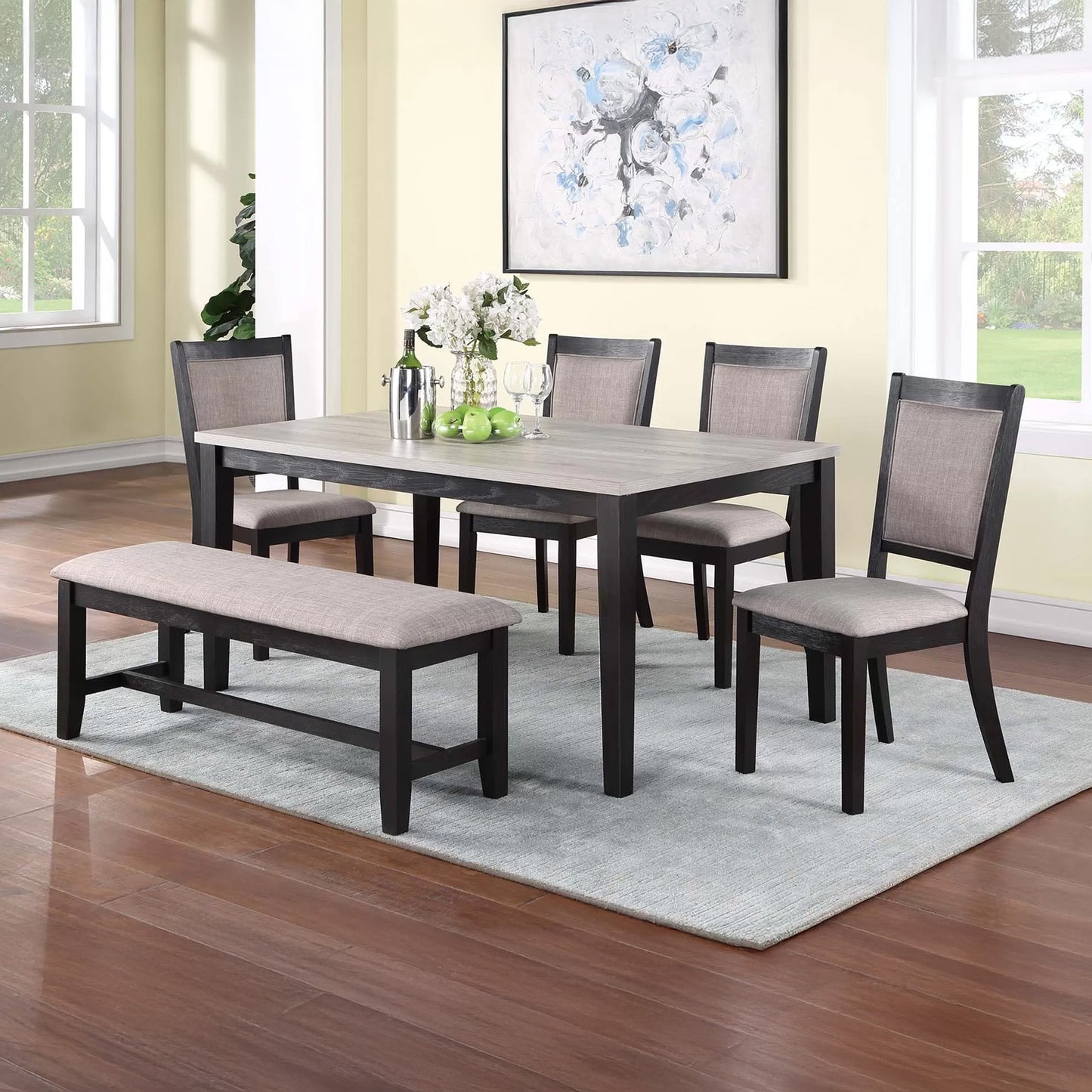6 Piece Dining Set with Bench & Upholstered Chairs