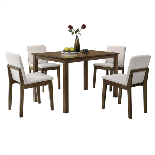 5 Piece Dining Set Dark Walnut & Beige Chairs