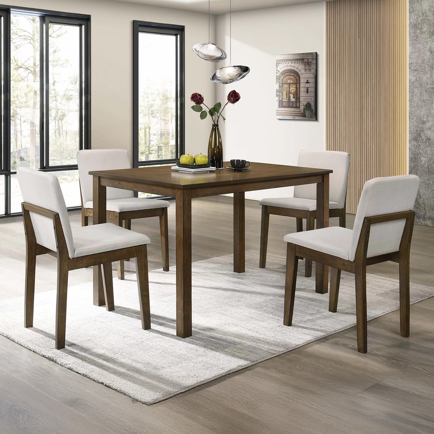 5 Piece Dining Set Dark Walnut & Beige Chairs