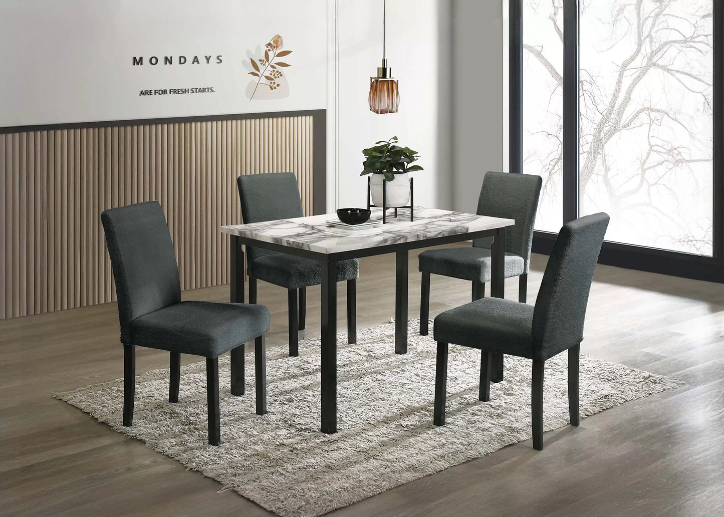 5PC White Faux Marble Top Dining Set