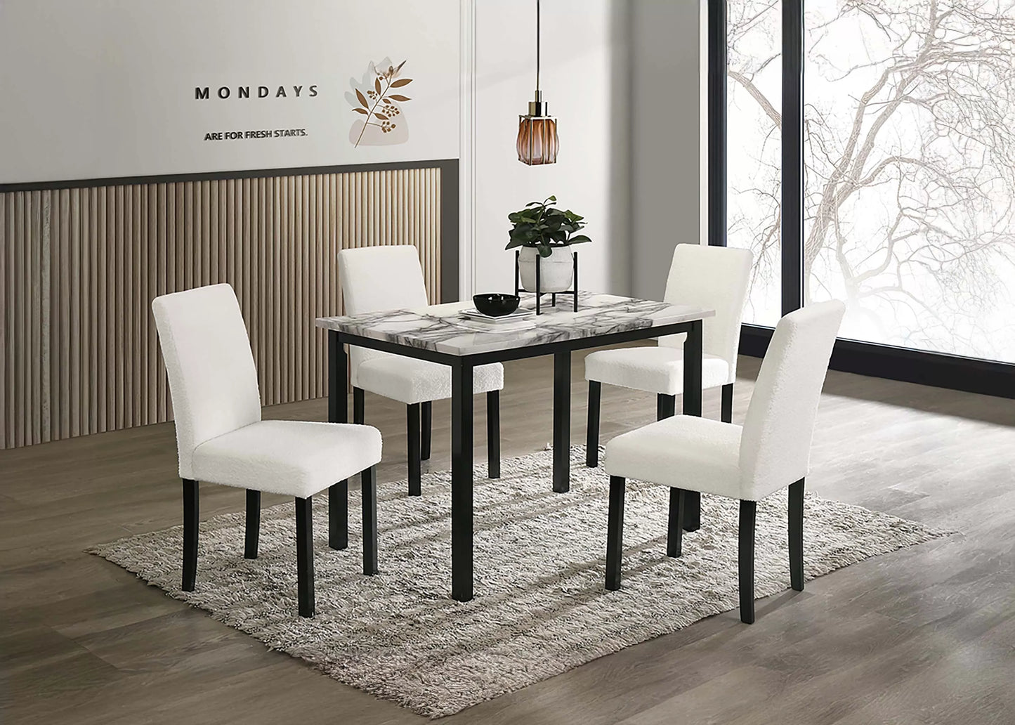 5PC White Faux Marble Top Dining Set