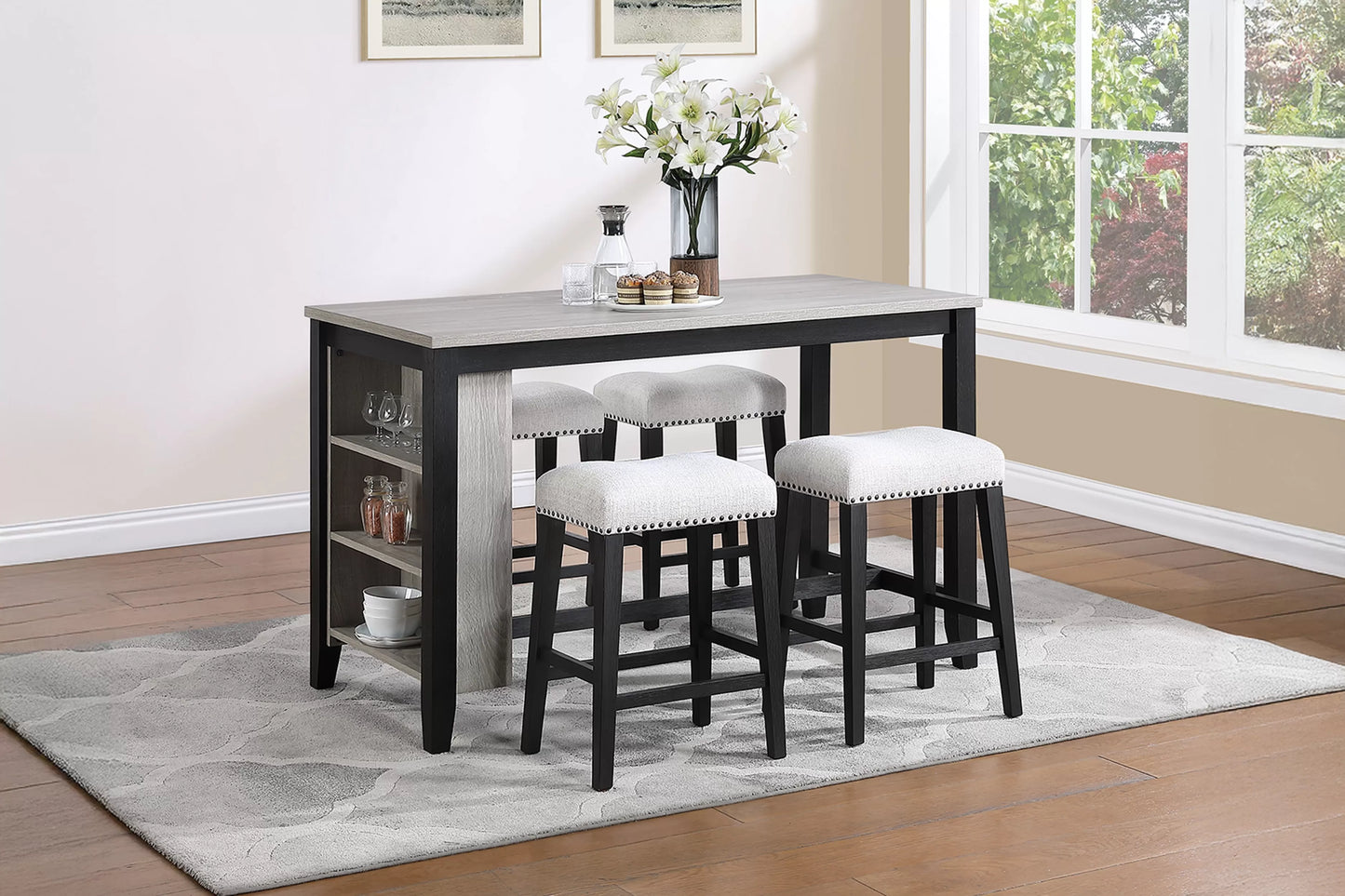 5-Piece Counter Height Dining Set with Storage Shelves