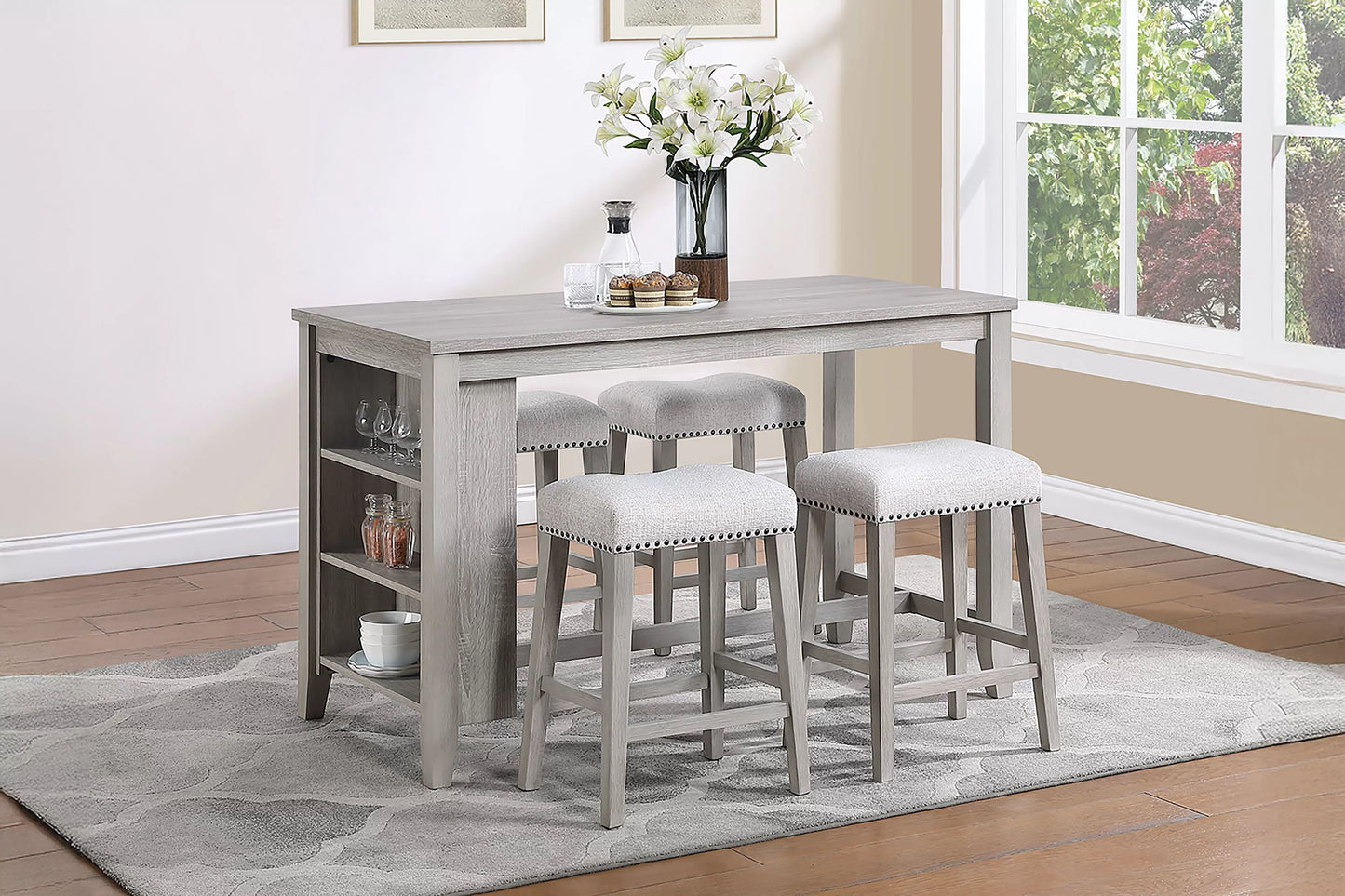 5-Piece Counter Height Dining Set with Storage Shelves
