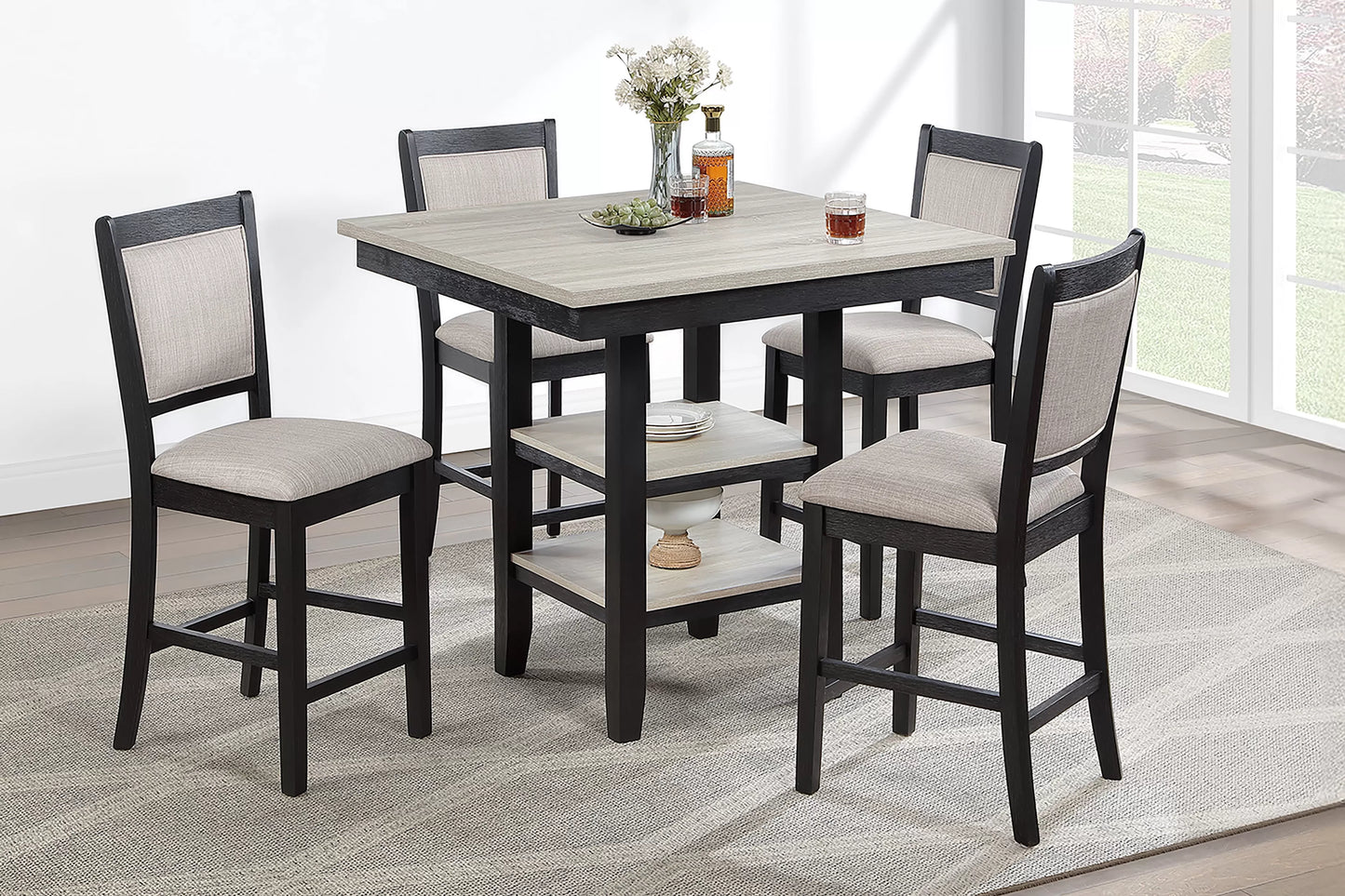 Square 5-Piece Counter Height Dining Set with Storage Shelf