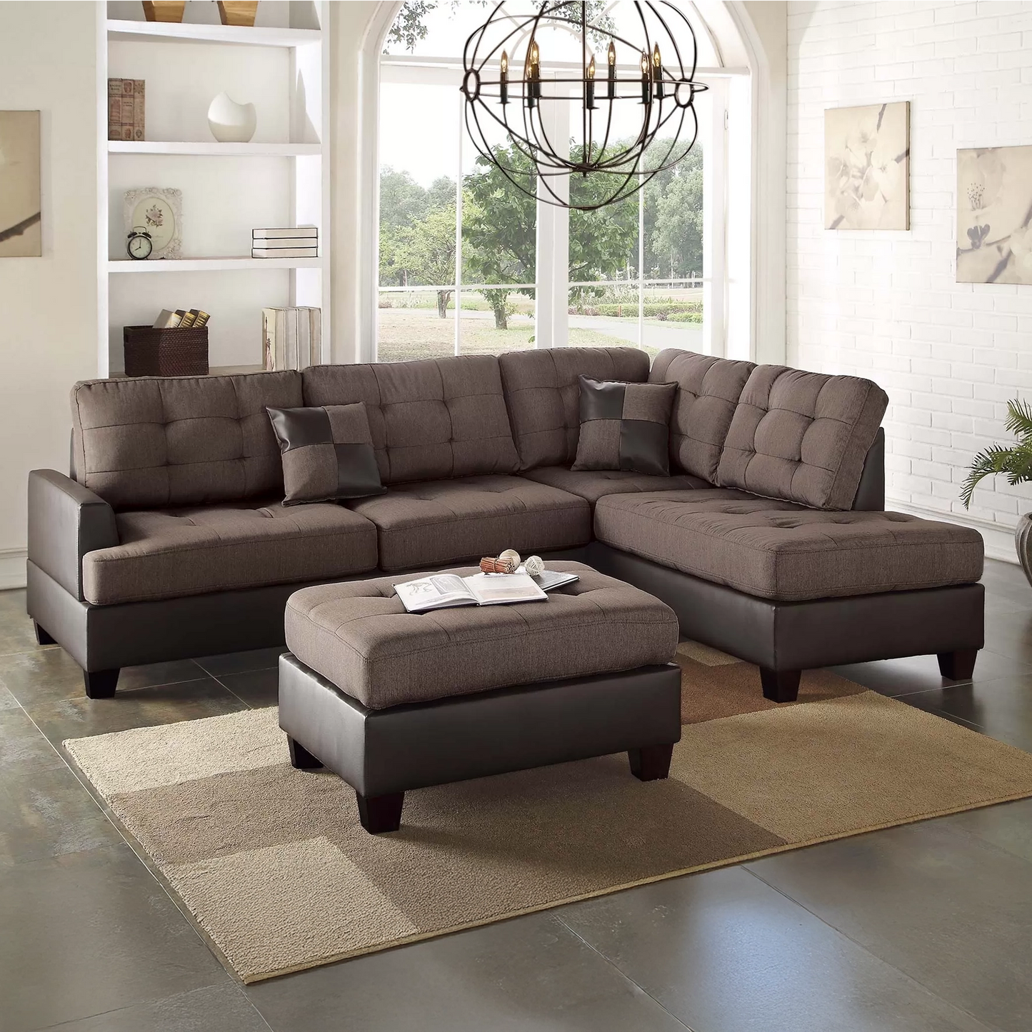 Linen-Look Fabric & Faux Leather Sectional Sofa