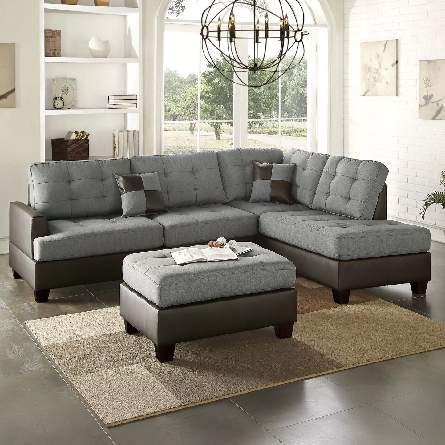 Linen-Look Fabric & Faux Leather Sectional Sofa