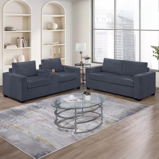 Wide Welt Corduroy Sofa & Loveseat Set with Center Console