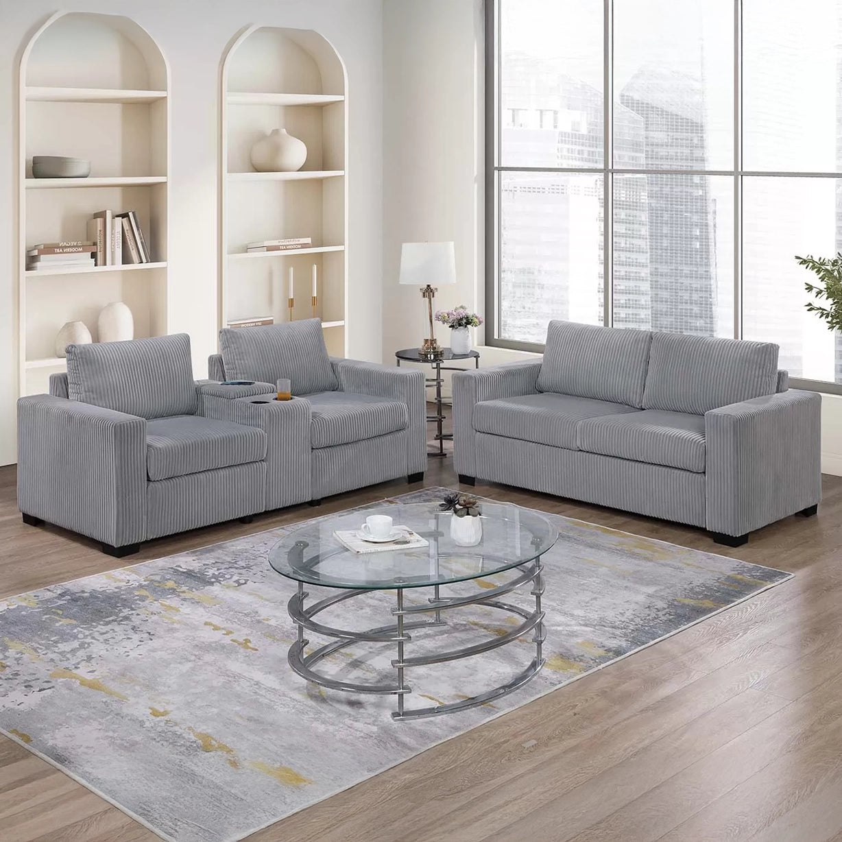 Wide Welt Corduroy Sofa & Loveseat Set with Center Console