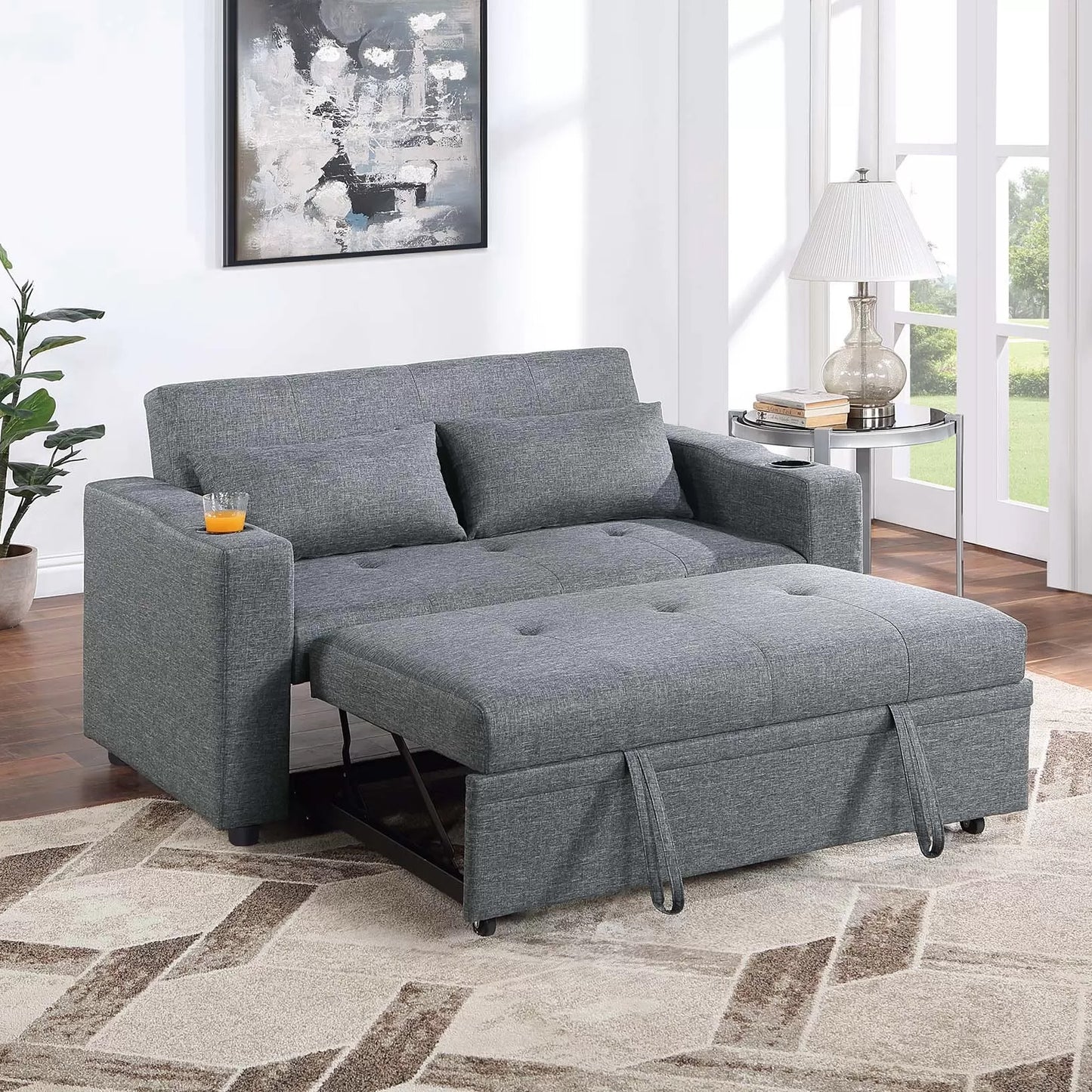 Gray Linen-Like Fabric Convertible Sleeper Sofa