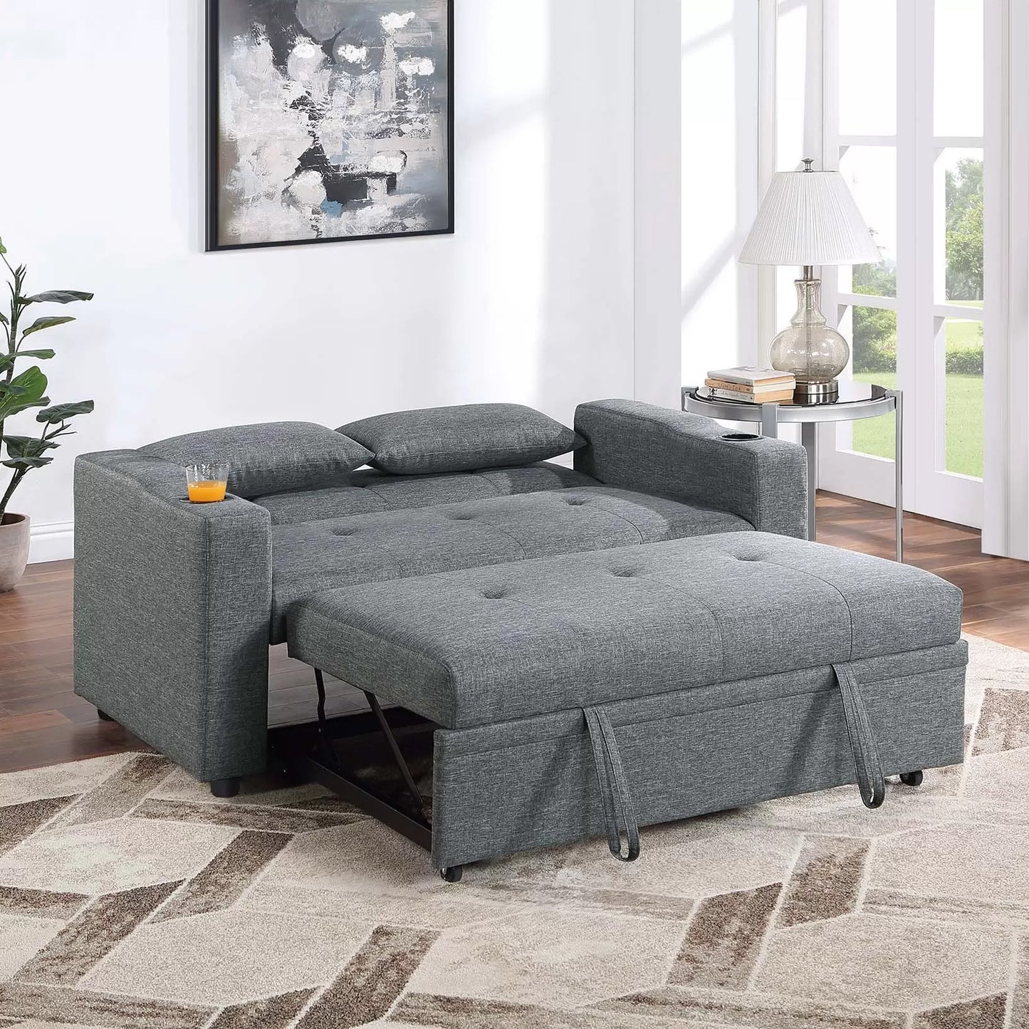 Gray Linen-Like Fabric Convertible Sleeper Sofa