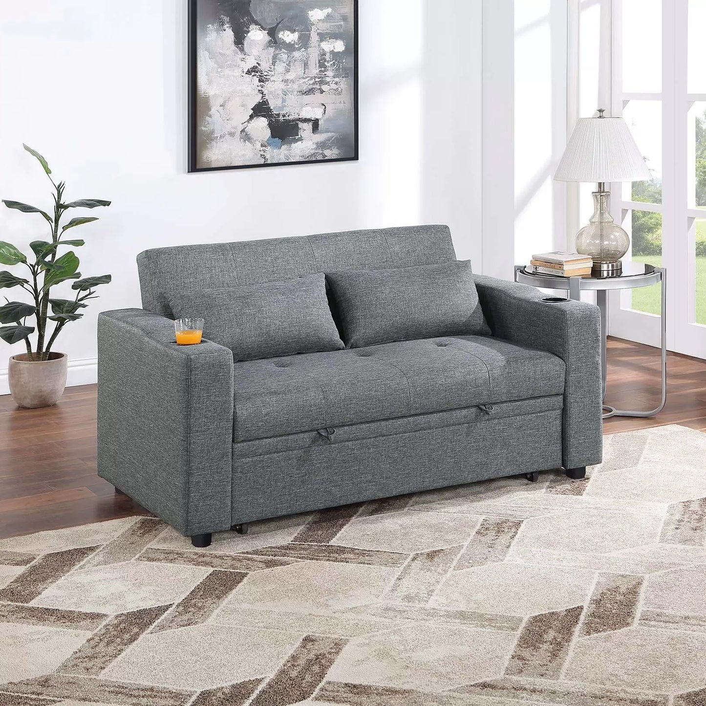 Gray Linen-Like Fabric Convertible Sleeper Sofa