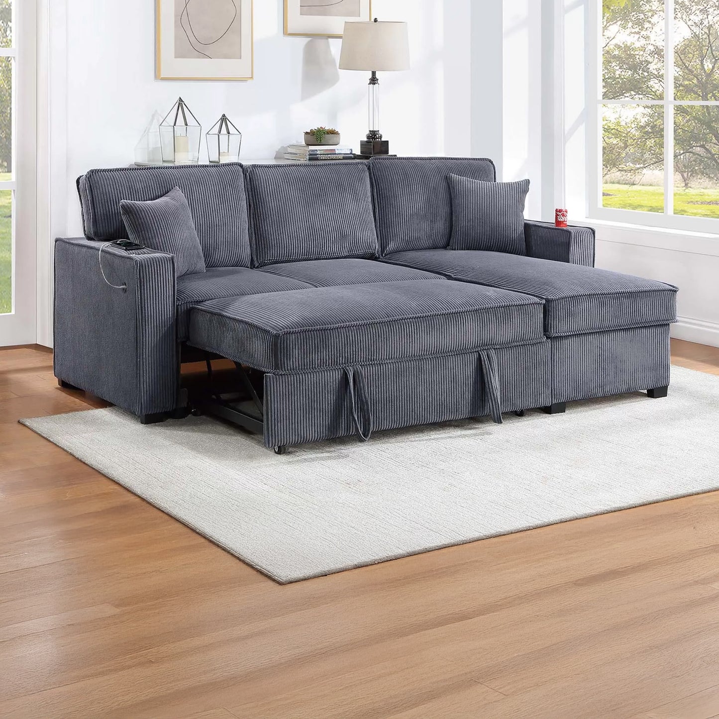 Convertible Corduroy Sectional Sofa with Storage Chaise