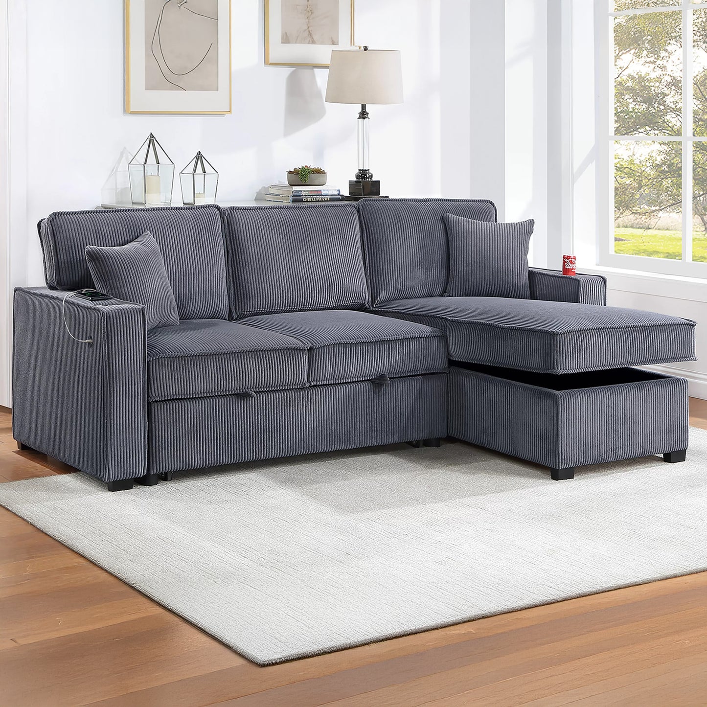 Convertible Corduroy Sectional Sofa with Storage Chaise