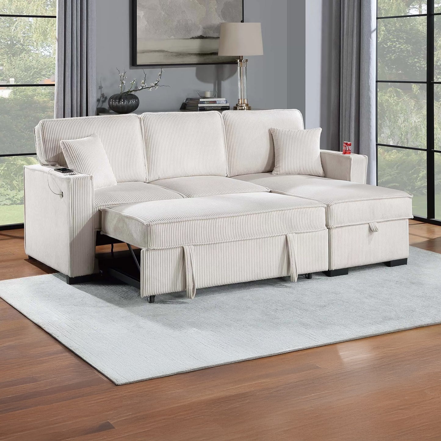 Convertible Corduroy Sectional Sofa with Storage Chaise