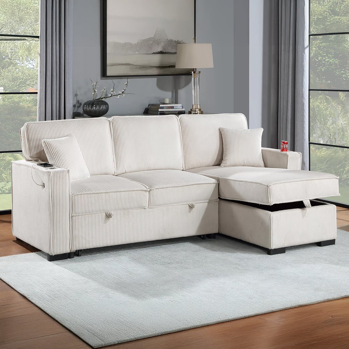 Convertible Corduroy Sectional Sofa with Storage Chaise