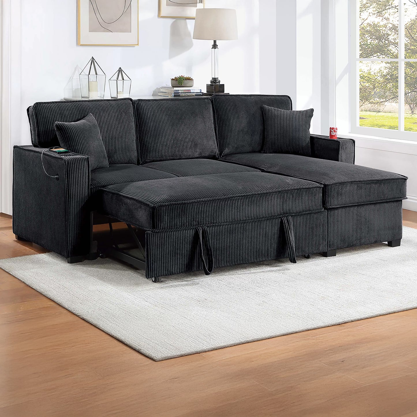 Convertible Corduroy Sectional Sofa with Storage Chaise