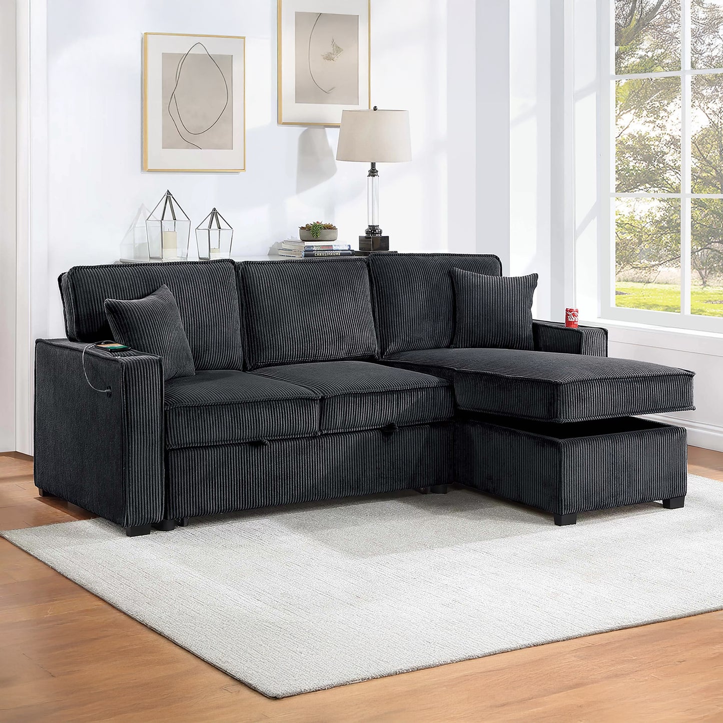 Convertible Corduroy Sectional Sofa with Storage Chaise