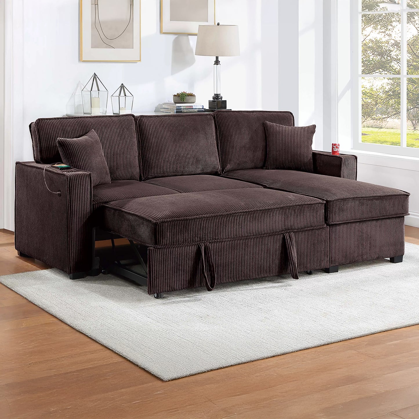 Convertible Corduroy Sectional Sofa with Storage Chaise