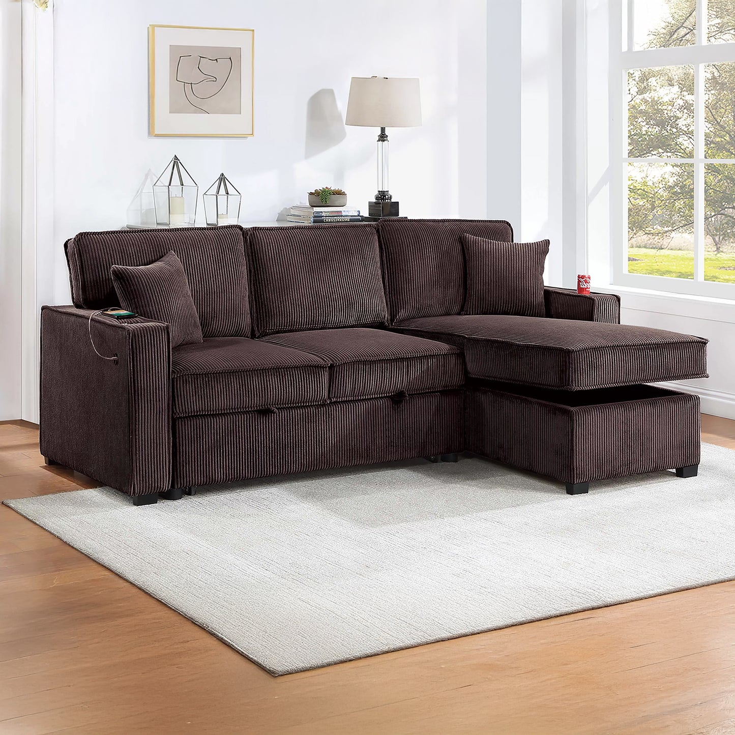 Convertible Corduroy Sectional Sofa with Storage Chaise