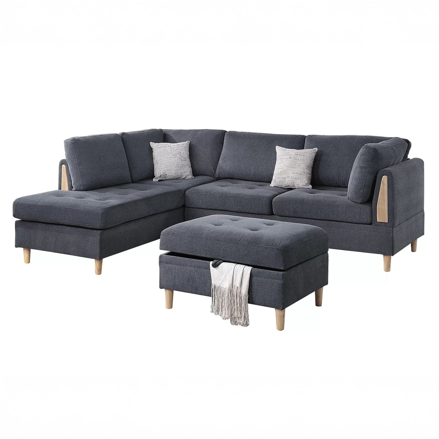 3-Piece Reversible Chenille Sectional with Storage Ottoman