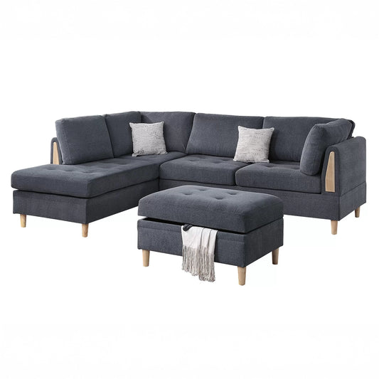 3-Piece Reversible Chenille Sectional with Storage Ottoman