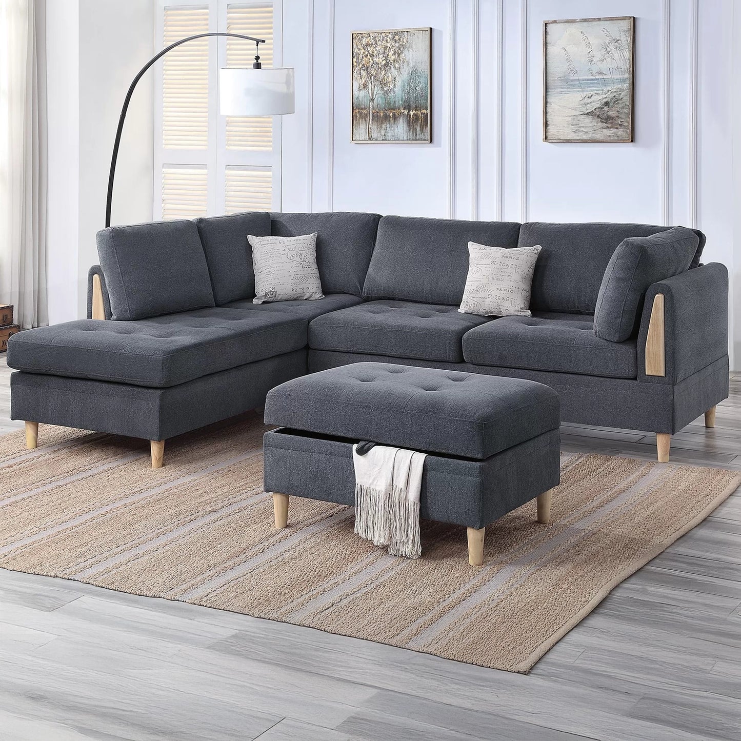 3-Piece Reversible Chenille Sectional with Storage Ottoman