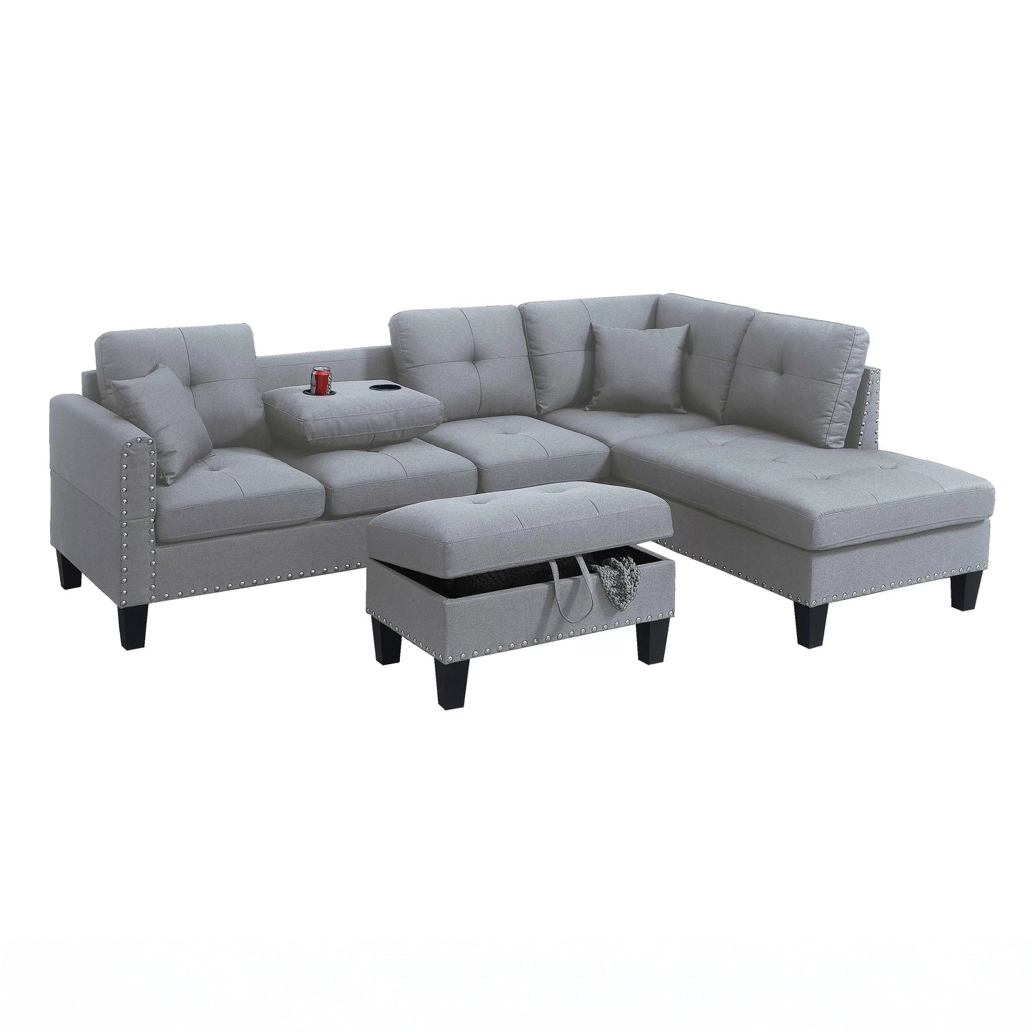 3-Piece Taupe Gray Sectional with Storage Ottoman