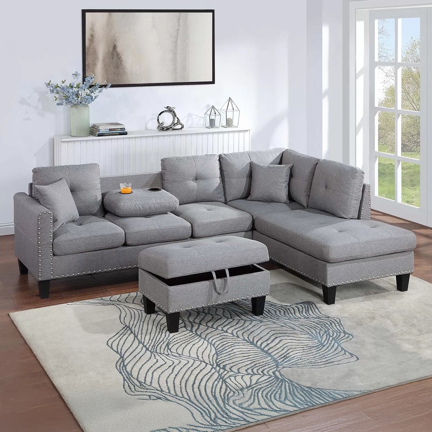 3-Piece Taupe Gray Sectional with Storage Ottoman
