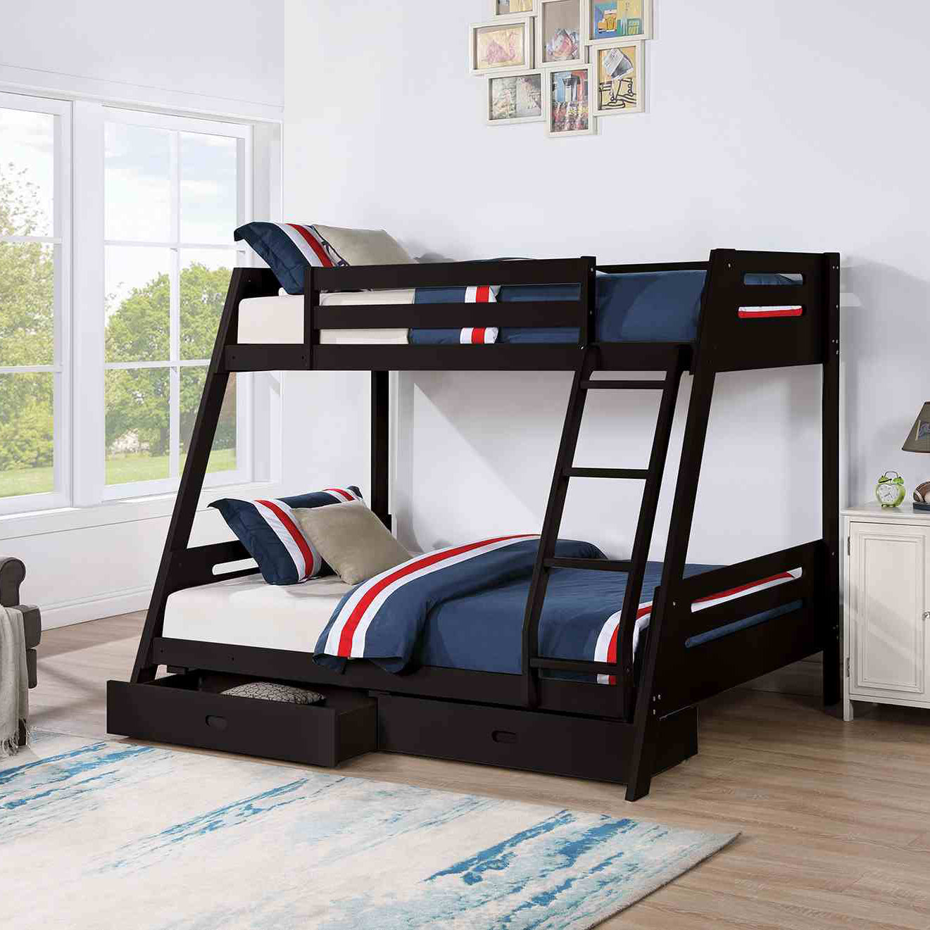 Twin Over Full Bunk Bed with Storage Drawers | Black, Brown
