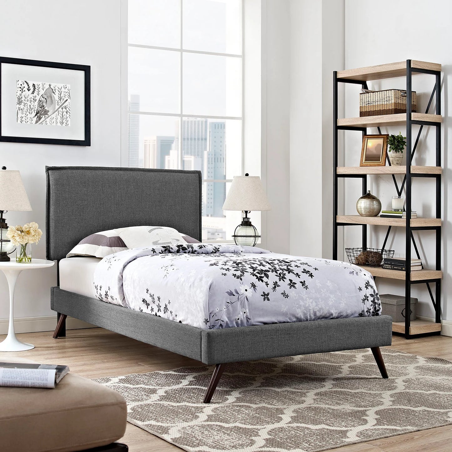 Mid-Century Modern Fabric Platform Bed