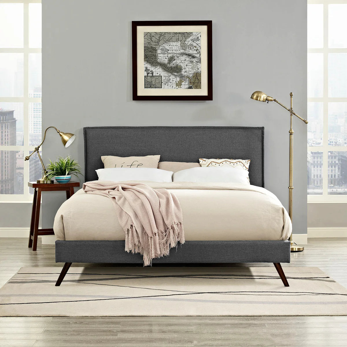 Mid-Century Modern Fabric Platform Bed