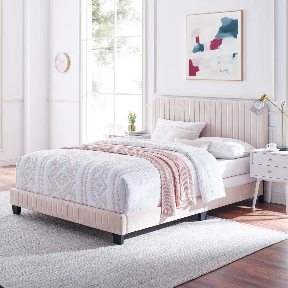 Channel Tufted Performance Pink Velvet Platform Bed